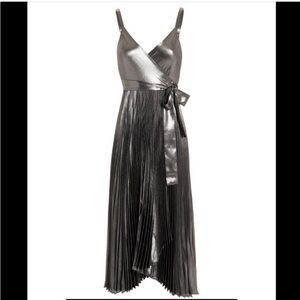 A.L.C. Metallic Silver Kristo Pleated Wrap Midi Dress